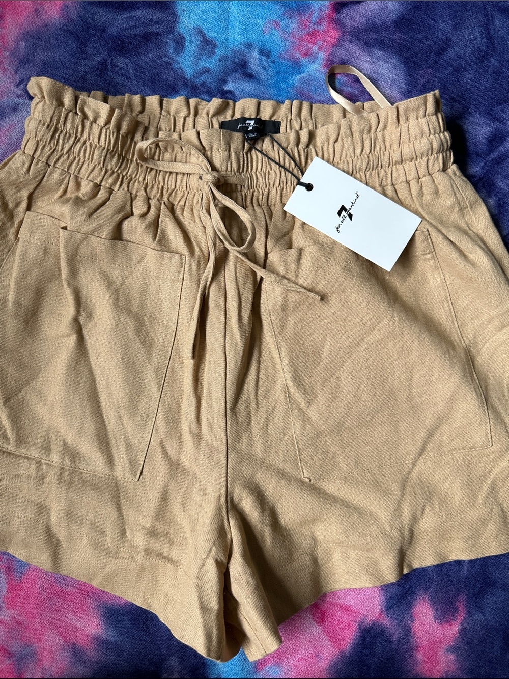 7 For All Mankind High-Rise Paperbag Shorts in Tan